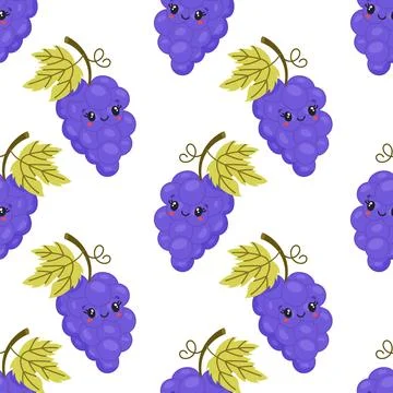 Seamless kawaii grape pattern with cute smiling faces Illustrazione stock
