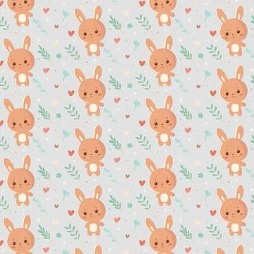 Seamless kawaii pattern with cartoon hare among flowers and plants in flat style Stockillustratie