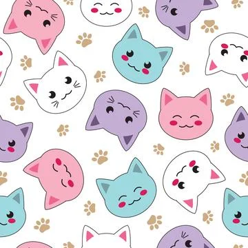 Seamless kawaii pattern cute cat faces vector illustration Stock Illustration
