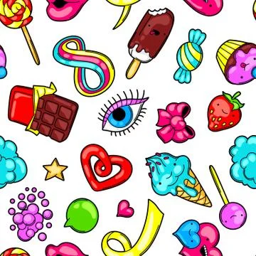 Seamless kawaii pattern with sweets and candies. Crazy sweet-stuff in cartoon 스톡 일러스트