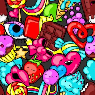 Seamless kawaii pattern with sweets and candies. Crazy sweet-stuff in cartoon Illustrazione stock