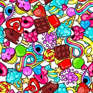 Seamless kawaii pattern with sweets and candies. Crazy sweet-stuff in cartoon Illustrazione stock