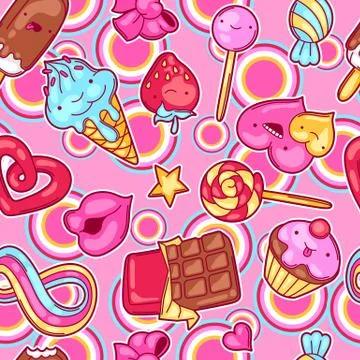 Seamless kawaii pattern with sweets and candies. Crazy sweet-stuff in cartoon 스톡 일러스트