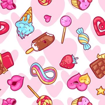 Seamless kawaii pattern with sweets and candies. Crazy sweet-stuff in cartoon 스톡 일러스트