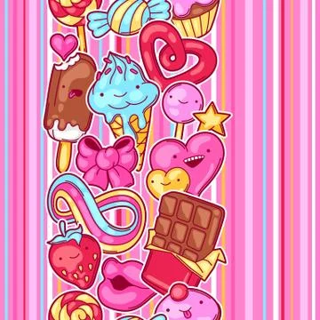 Seamless kawaii pattern with sweets and candies. Crazy sweet-stuff in cartoon Stock Illustration