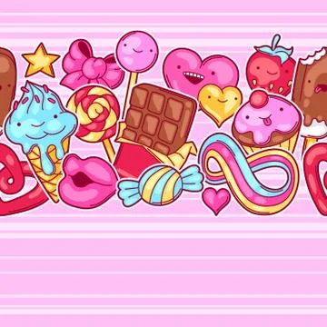 Seamless kawaii pattern with sweets and candies. Crazy sweet-stuff in cartoon Illustrazione stock