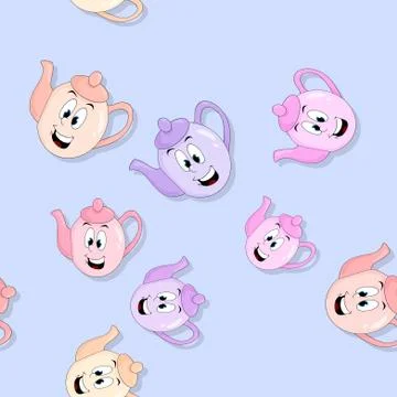 Seamless kettles pattern with drop shadow on blue Stock Illustration