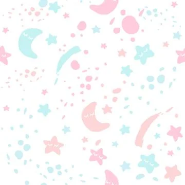 Seamless kiddish pattern. Pink and blue stars and moon. Modern baby illustration Stock Illustration
