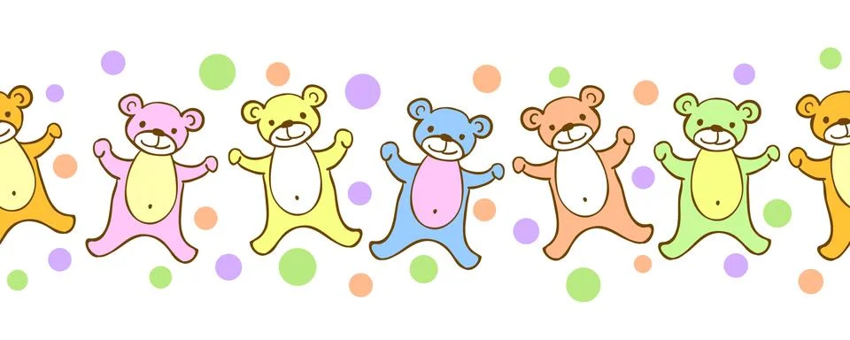 Seamless kids border pattern with funny colorful teddy-bears and dots. Stock Illustration