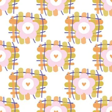 Seamless kids pattern background with cute hand draw flower and hearts Stock Illustration