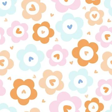 Seamless kids pattern background with pastel cute hand draw flower and hearts Stock Illustration