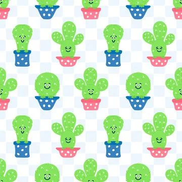 Seamless kids pattern Cacti on flower pots, square background. Vector childre Stock Illustration