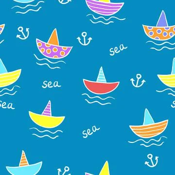 Seamless kids pattern with color funny cartoon sea and ships Stock Illustration
