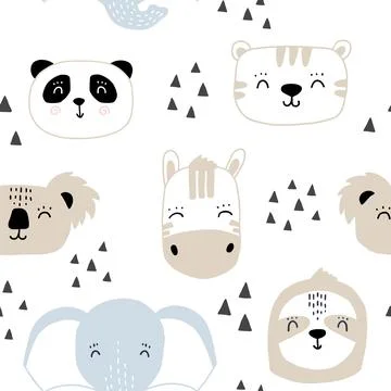 Seamless kids pattern with cute animals faces. Stock Illustration