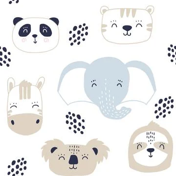 Seamless kids pattern with cute animals faces. Stock Illustration