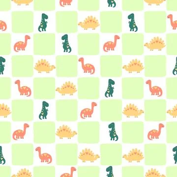 Seamless kids pattern Dinosaurs on square background. Vector children backdro Stock Illustration
