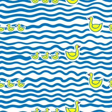 Seamless kids pattern with funny cartoon swimming mother duck and ducklings Stock Illustration