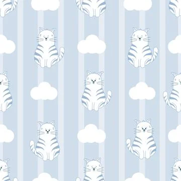 Seamless kids pattern with funny cat, white clouds on stripes backgruond. Lil Illustrazione stock