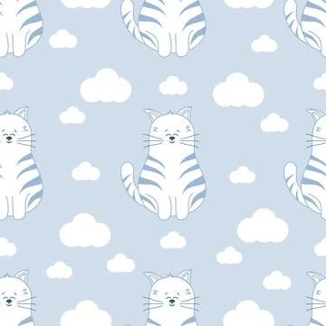 Seamless kids pattern with funny cat and clouds. Vector children background.  스톡 일러스트