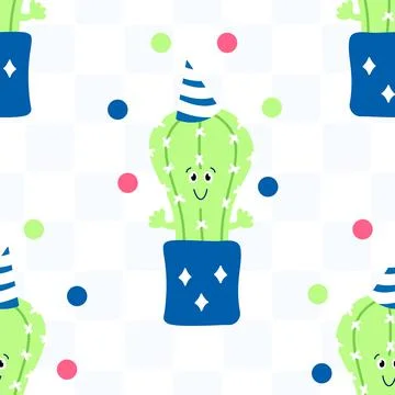 Seamless kids pattern Funny circus cactus on flower pot, square background. V Stock Illustration