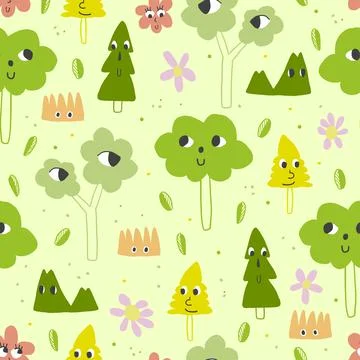Seamless kids pattern on green background with cute hand draw tree charactors Stock Illustration