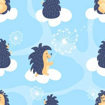 Seamless kids pattern with hedgehog and flying dandelion on sky clouds. 스톡 일러스트