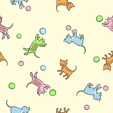 Seamless kids pattern with playing kittens. Childs cartoon vector background. Stock Illustration