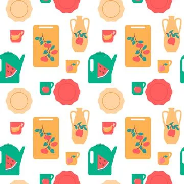 Seamless kitchen dishes pattern isolated vector illustration. Stock-Illustration