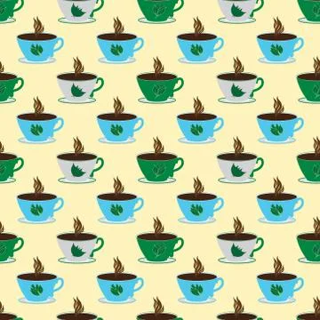 Seamless kitchen pattern with multicolored white blue green cups of hot drink Ilustración de archivo