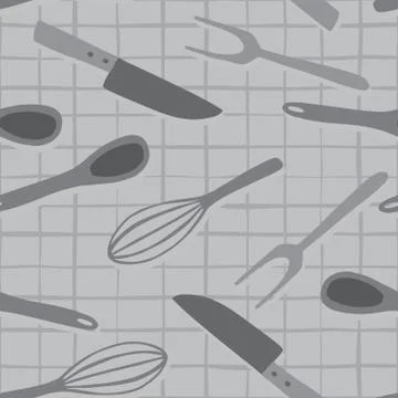 Seamless kitchenware pattern with doodle stylized knife, spoon, fork, corolla Stock Illustration