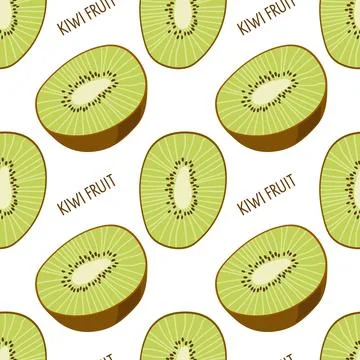 Seamless Kiwi fruit pattern on white background. Slice fruit and cut into half Stock Illustration
