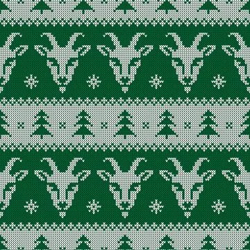 Seamless knitted Christmas pattern with goat ornament. Иллюстрация