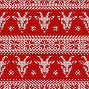 Seamless knitted Christmas pattern with goat ornament. Stock Illustration