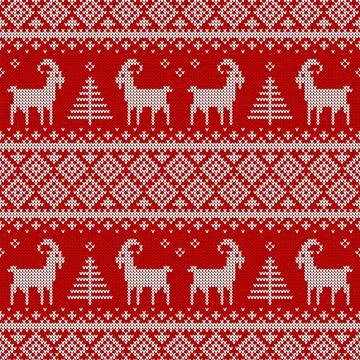 Seamless knitted Christmas pattern with goat ornament. Stock Illustration