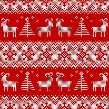 Seamless knitted Christmas pattern with goat ornament. Stock Illustration