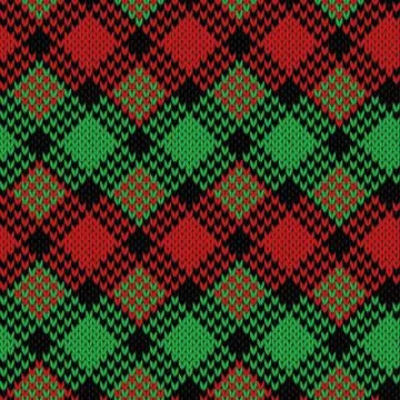 Seamless knitted pattern in black, green and red colors Stock Illustration