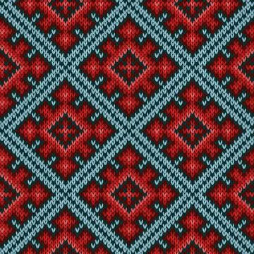 Seamless knitted pattern mainly in red and blue hues Stock Illustration