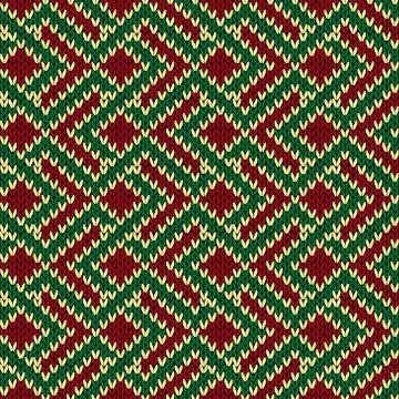 Seamless knitted pattern in red, green and beige colors 스톡 일러스트