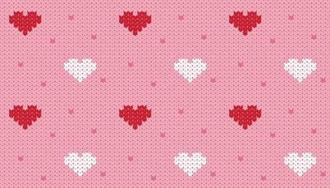 Seamless knitted Valentine pattern with red and white hearts on pink Stock Illustration