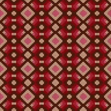 Seamless knitting vector pattern in red, brown, pink and beige colors as a kn Stock Illustration