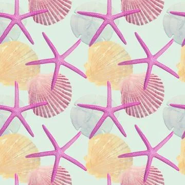 Seamless l design with Sea Shells and Sea Stars for background Seamless de... Stock Photos