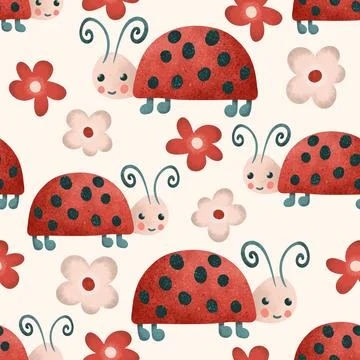 Seamless ladybug background, vector cute kids design Stock Illustration