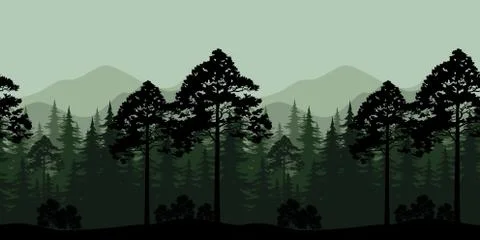 Seamless Landscape, Trees and Mountain Silhouettes Stock Illustration