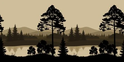 Seamless Landscape, Trees, River and Mountains Stock Illustration