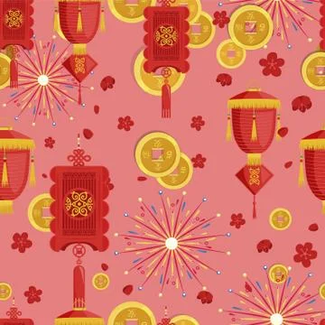 Seamless lantern and coins pattern Stock Illustration