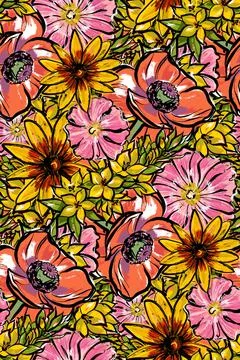 Seamless large pattern. Colorful summer flowers. Verbena mallow maquis and Stock Illustration