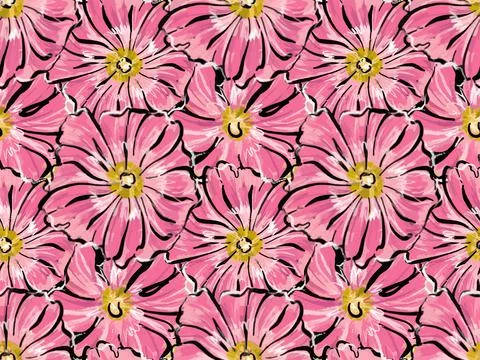 Seamless large pattern. Pink mallow flowers. In the style of illustration sketch Stock Illustration