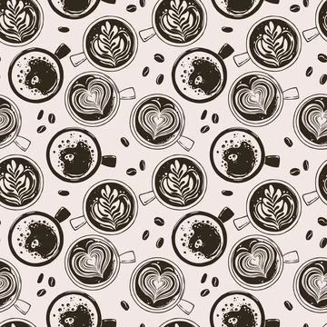 Seamless Latte Art Doodle Pattern with Top View Cups and Beans. Brewed Drink Stock Illustration