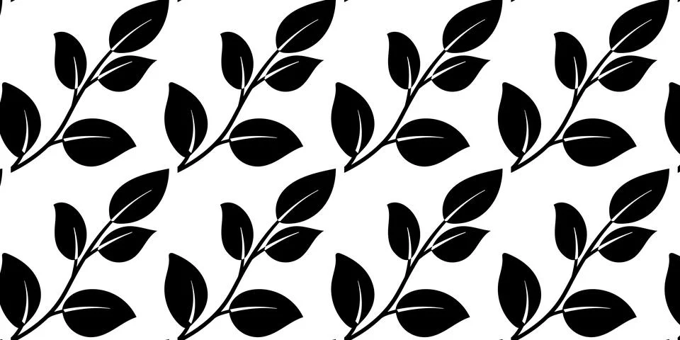 Seamless Leaf Pattern with Black Botanical Branches on White Background Stock Illustration
