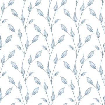 Seamless leaves pattern. Background with blue branches on white Stock Illustration